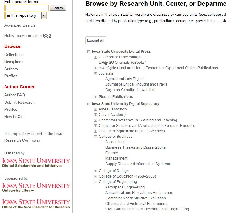 Example of faceted searching in the ISU institutional
                  repository interface.