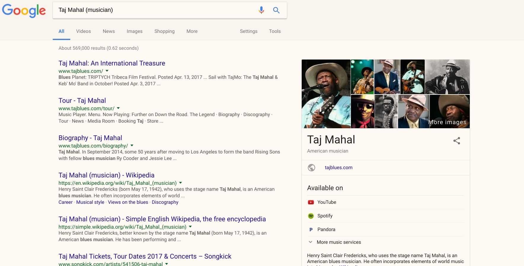 A search for “taj mahal (musician)” on Google.